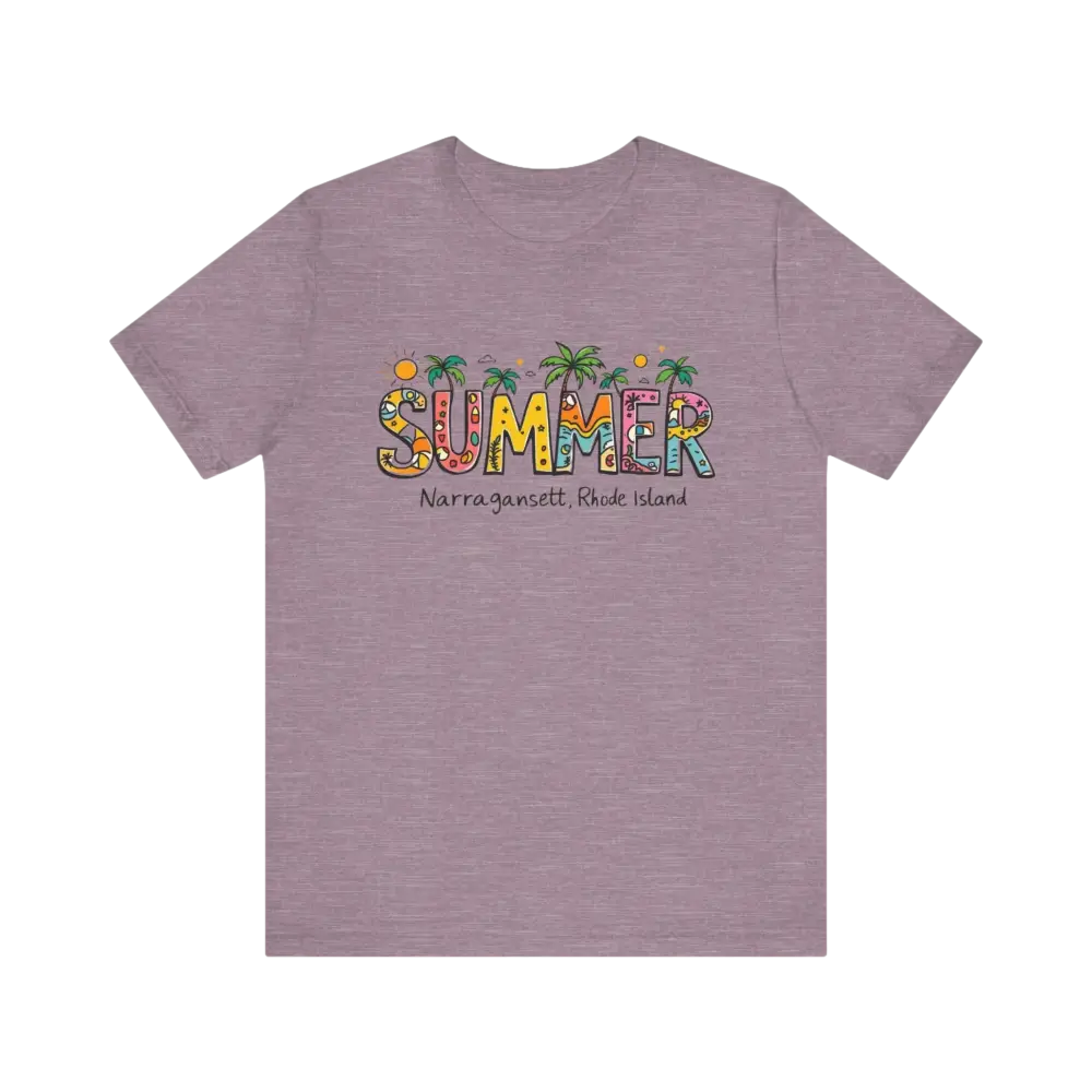 Mauve t-shirt featuring summer design from the Summer Narragansett Rhode Island Collection