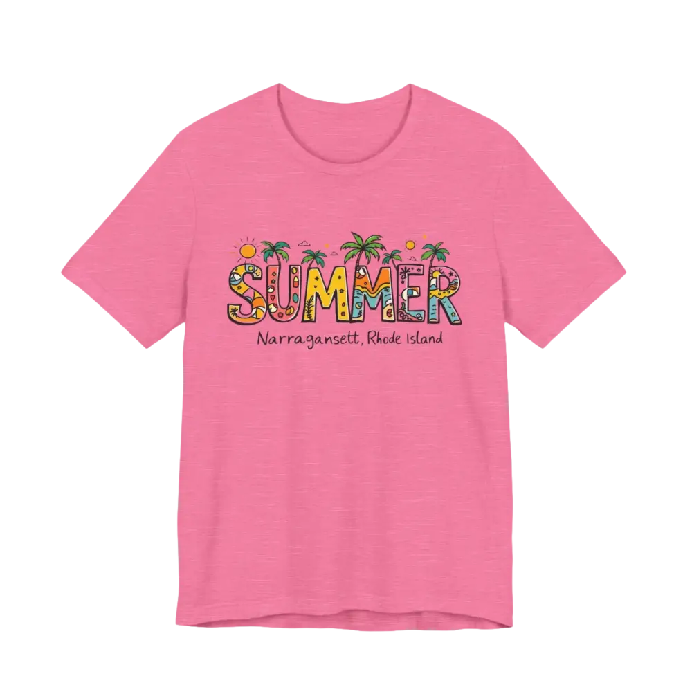 Pink t-shirt featuring Summer graphic from Summer Narragansett Rhode Island T Shirt Collection