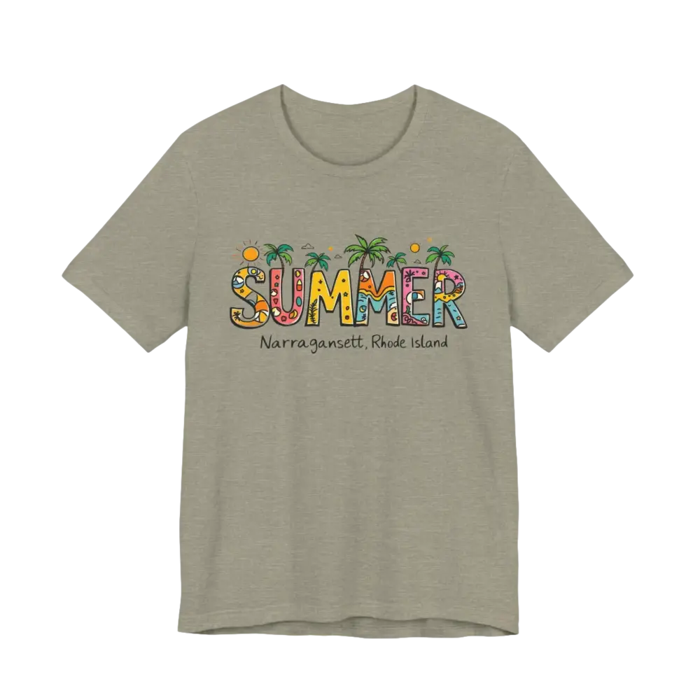 Khaki t-shirt featuring Summer Narragansett Rhode Island design from the collection