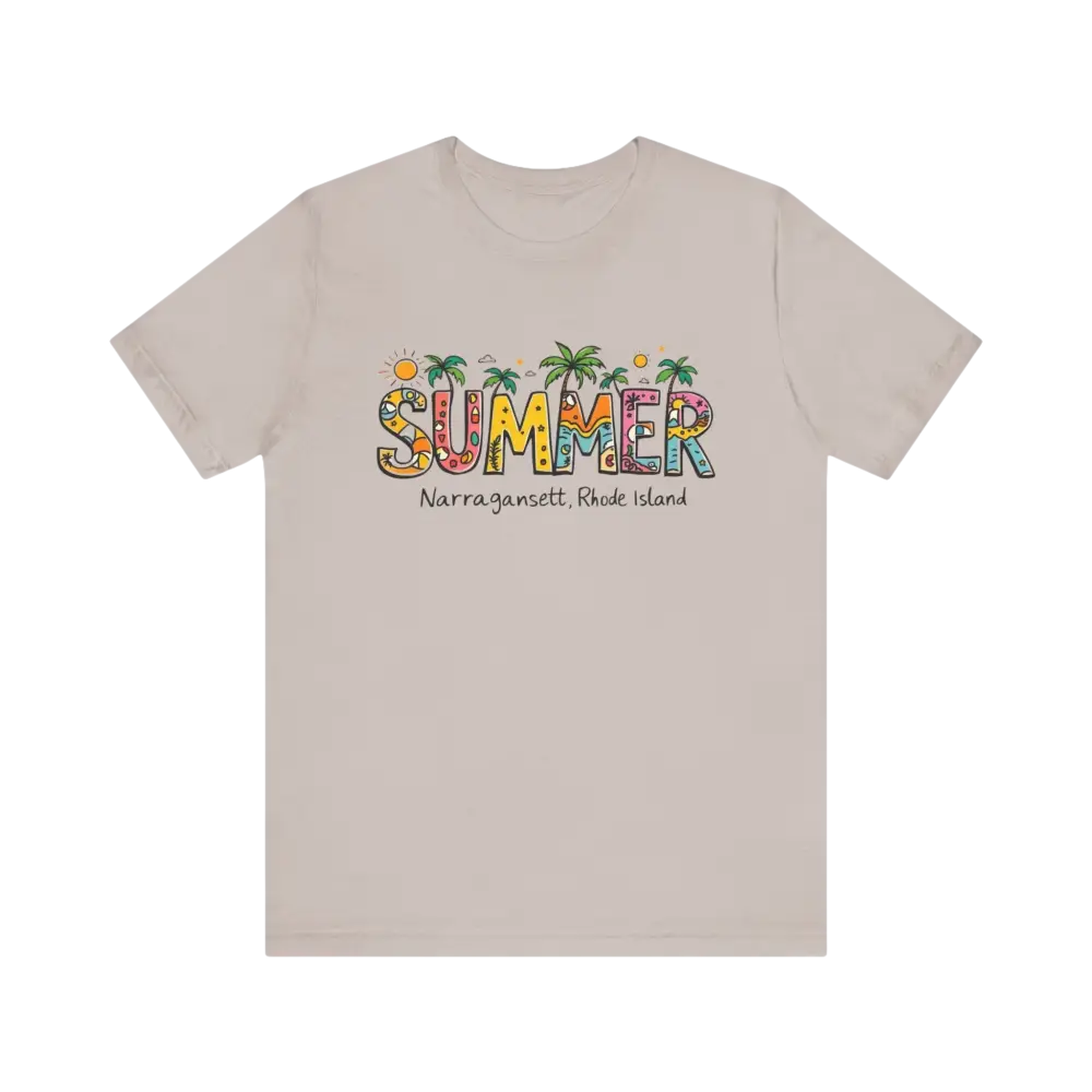 Beige T-shirt featuring Summer Narragansett Rhode Island design from the collection