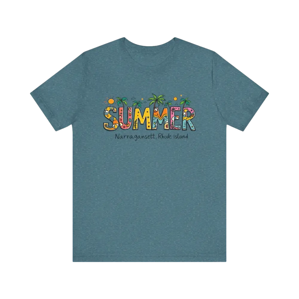 Blue t-shirt featuring Summer Narragansett Rhode Island design from T Shirt Collection