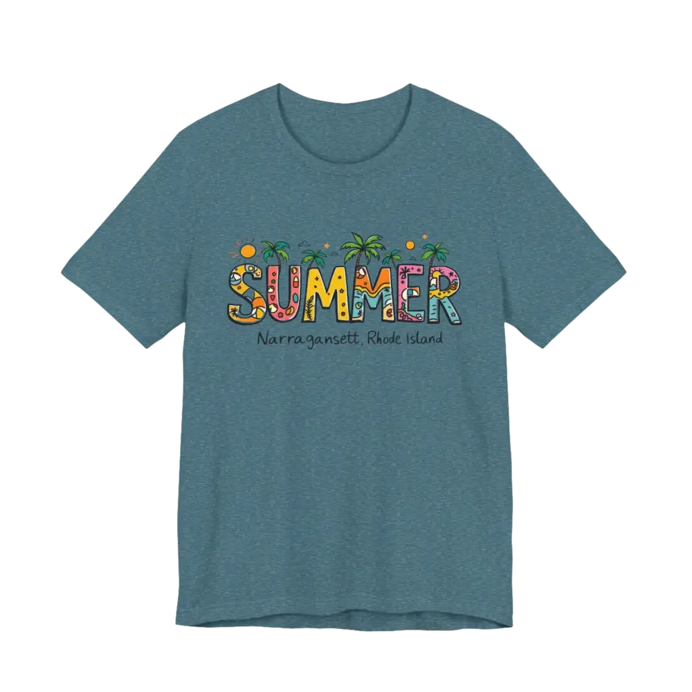 Blue t-shirt featuring Summer graphic from Summer Narragansett Rhode Island T Shirt Collection
