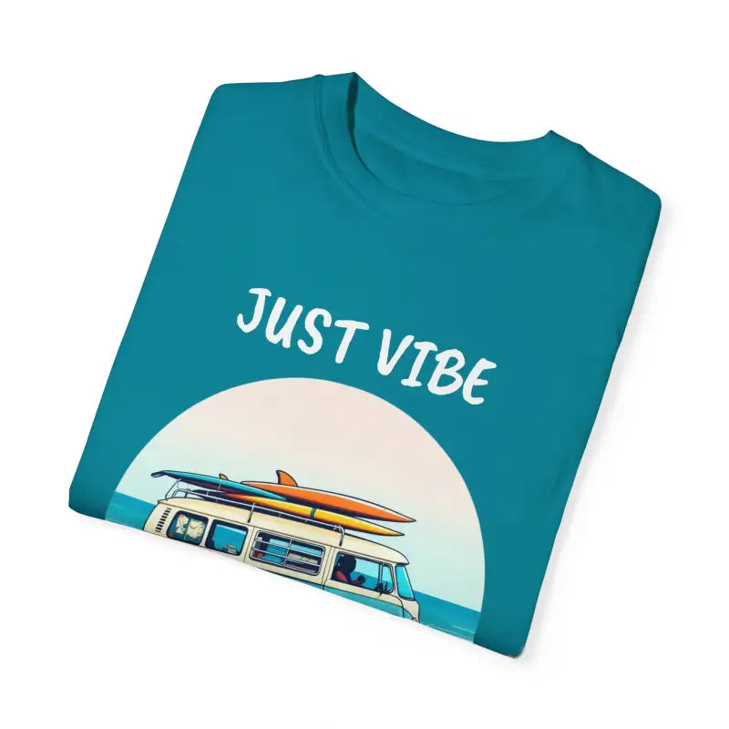 Teal Summer Vibes unisex t-shirt with van and surfboards graphic design