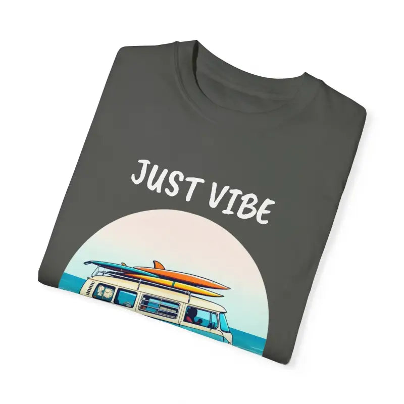 Folded gray t-shirt with van graphic from Summer Vibes Unisex Garment Dyed collection