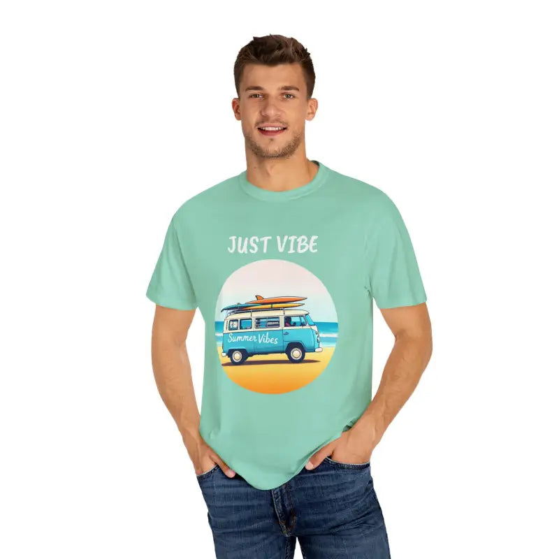 Man showcasing Summer Vibes Unisex Garment Dyed T Shirt with van graphic design