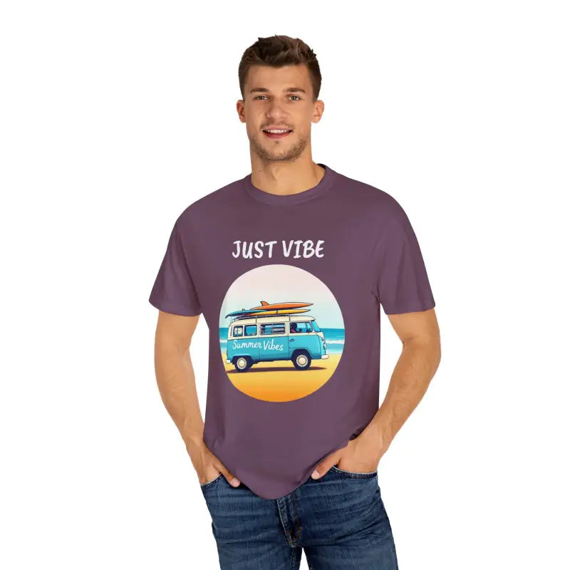 Purple Summer Vibes Unisex Garment Dyed T-Shirt with Beach Van Graphic Design
