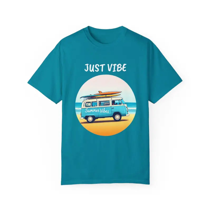 Teal Summer Vibes Unisex T-shirt with beach van graphic on garment dyed fabric