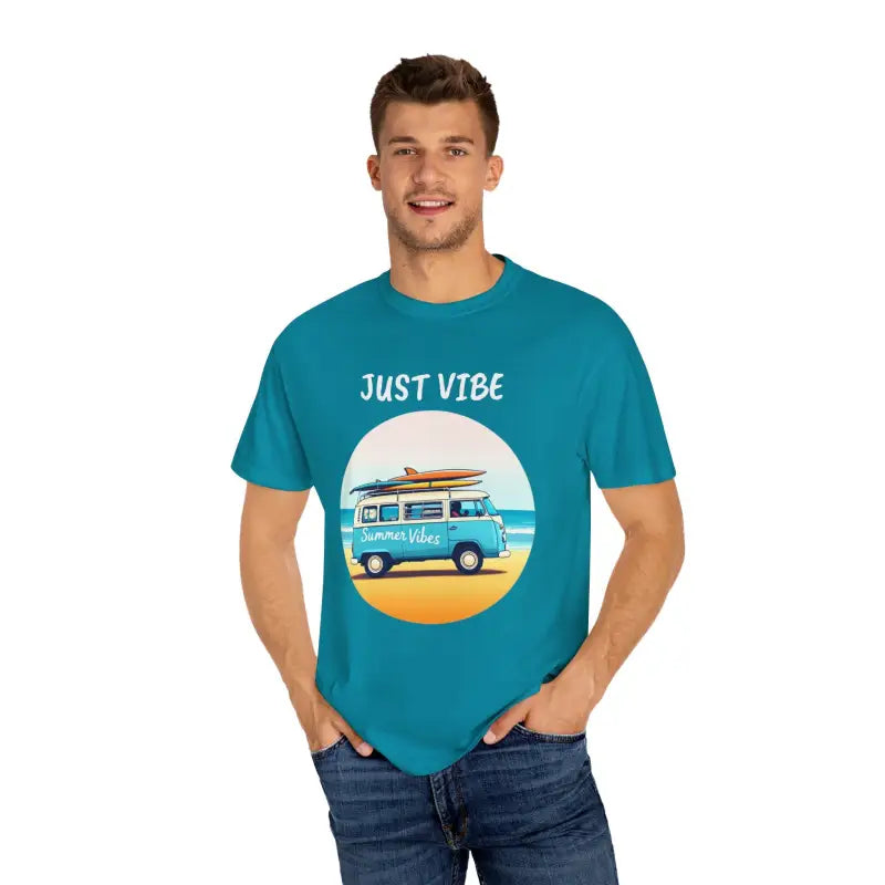 Teal t-shirt showcasing a beach van graphic for summer vibes fashion
