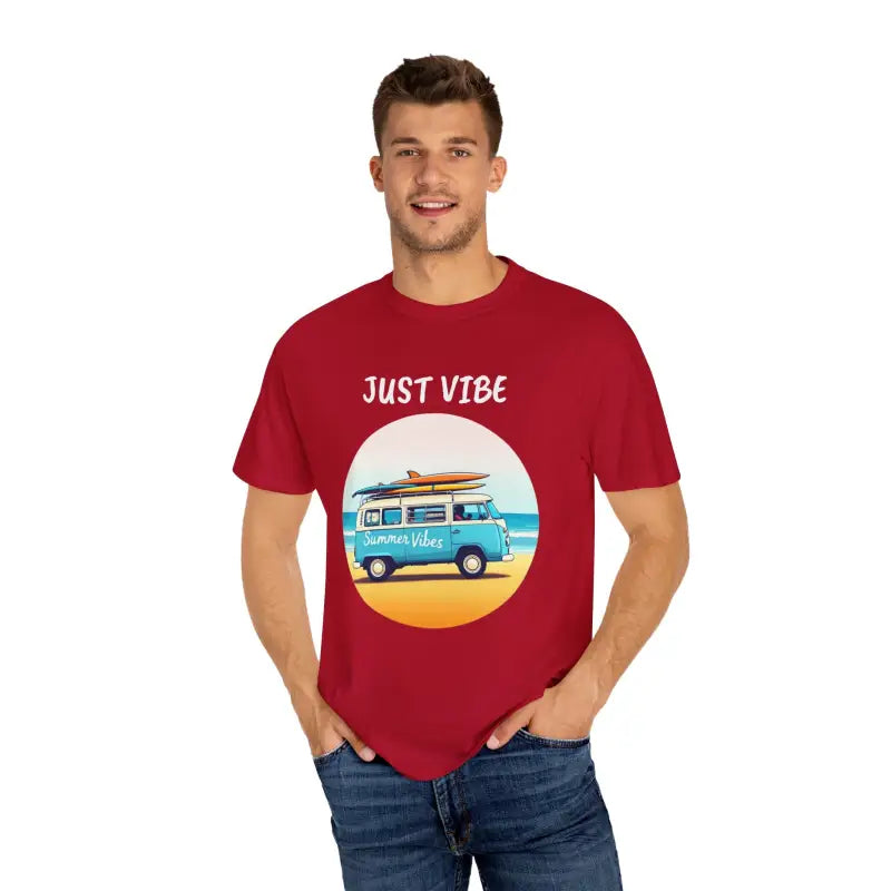 Red t-shirt with summer van graphic from Summer Vibes Unisex Garment Dyed collection