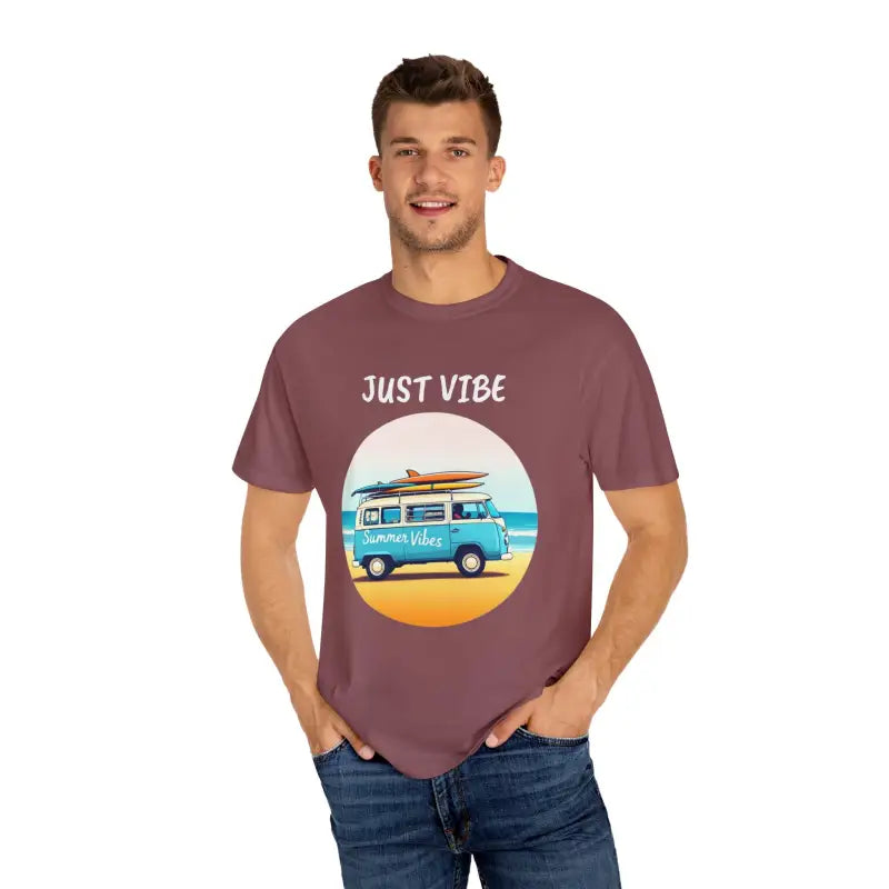 Maroon t-shirt showcasing a beach van graphic from Summer Vibes Unisex collection