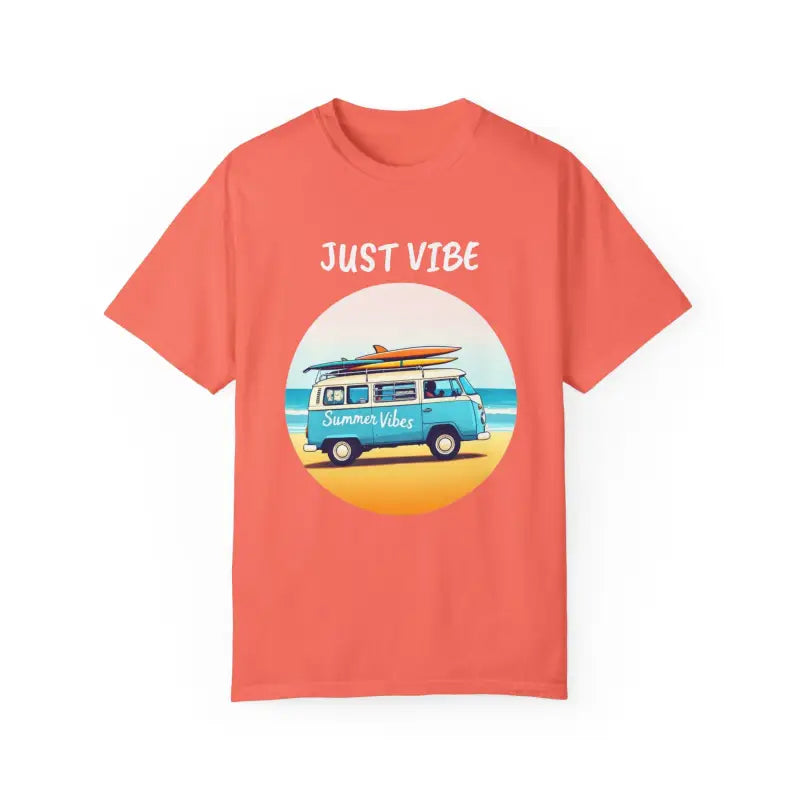Coral t-shirt with beach van graphic from Summer Vibes Unisex Garment Dyed Collection