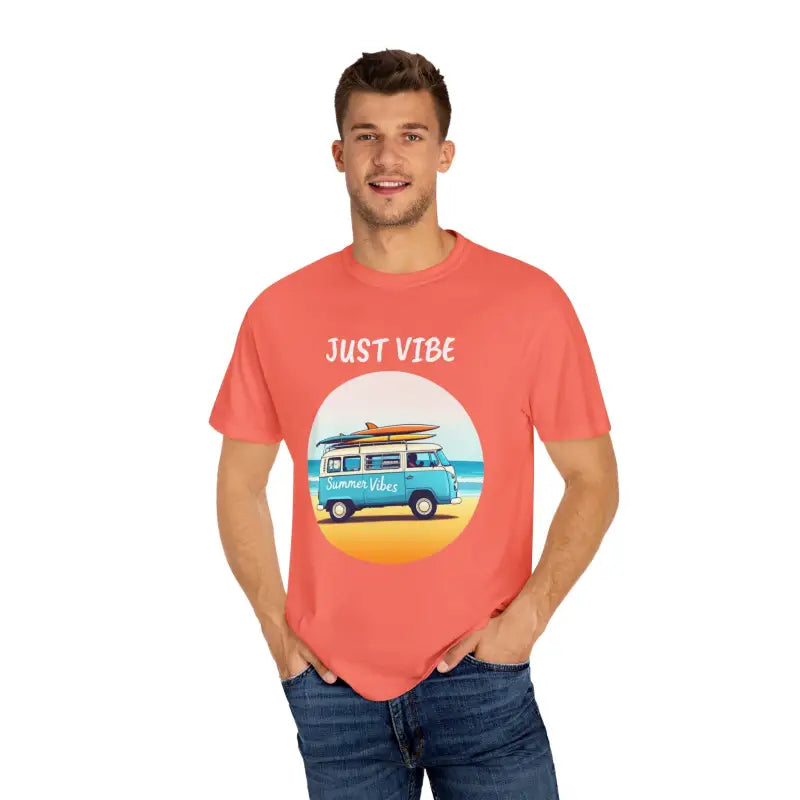 Coral t-shirt with beach van graphic from Summer Vibes Unisex Garment Dyed Collection