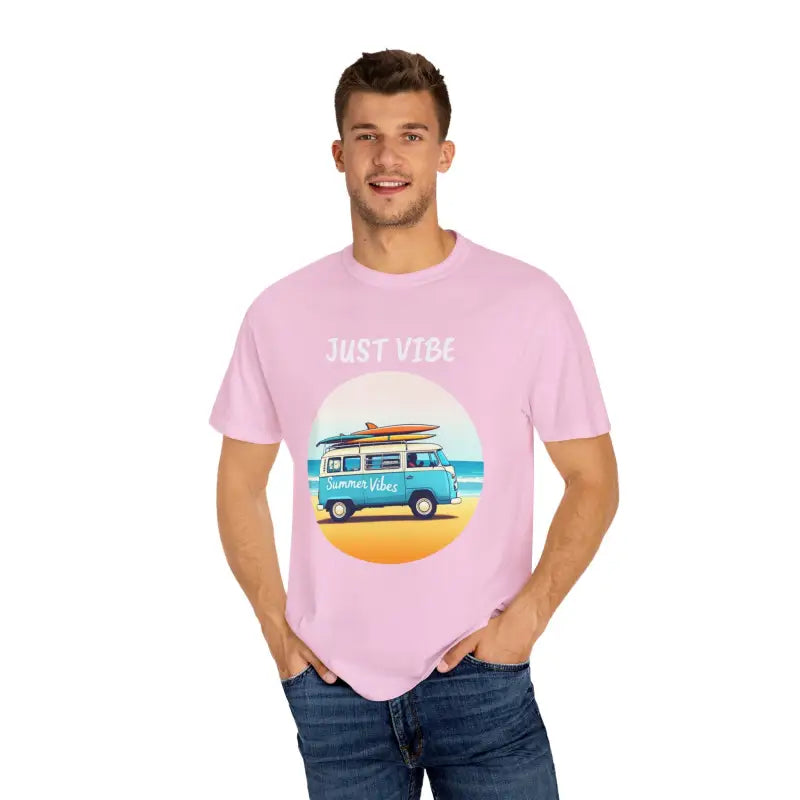 Pink t-shirt with beach van graphic from Summer Vibes Unisex Garment Dyed collection
