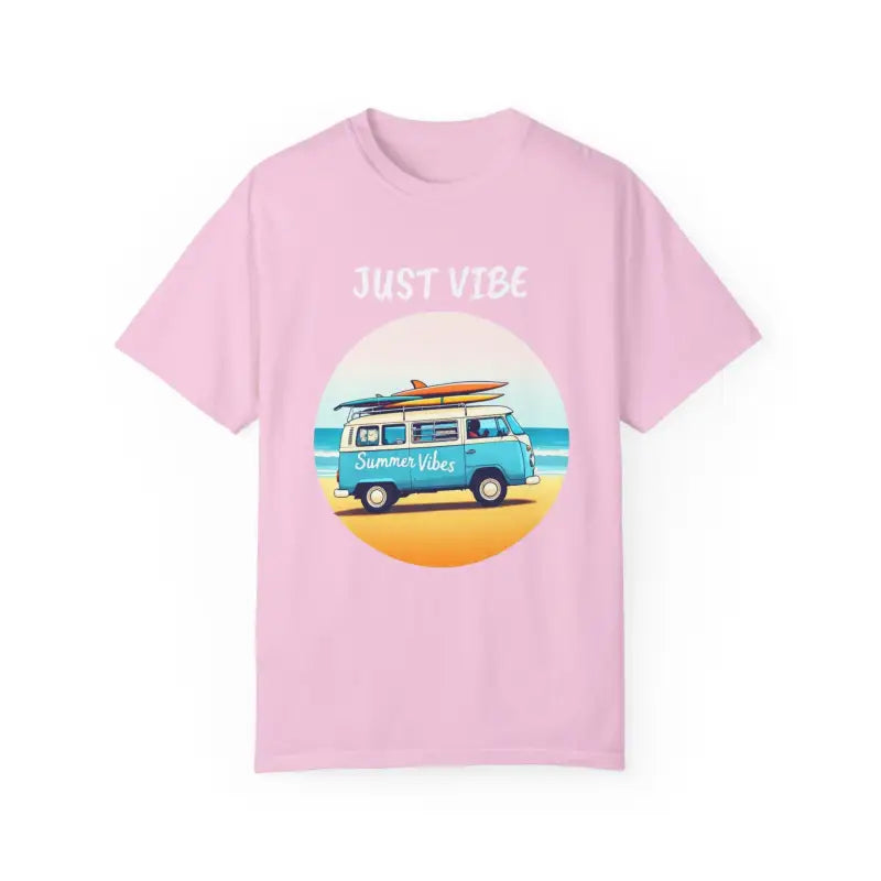 Pink t-shirt featuring summer van graphic from Summer Vibes Unisex Garment Dyed Collection