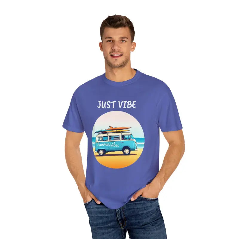 Blue t-shirt with beach van graphic in Summer Vibes Unisex Garment Dyed T-Shirt