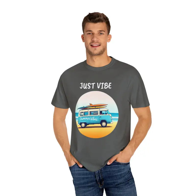 Gray t-shirt with beach van graphic from Summer Vibes Unisex Garment Dyed Collection