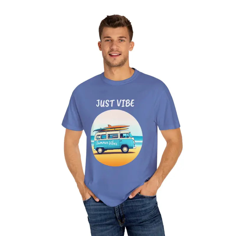 Blue t-shirt with beach van graphic for Summer Vibes Unisex Garment Dyed collection