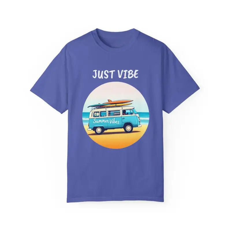 Blue garment dyed t-shirt with summer van graphic for a relaxed vibe