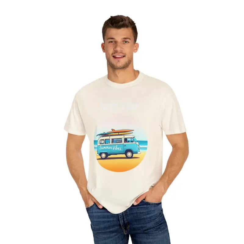 Unisex Summer Vibes T-shirt with vibrant beach van graphic design