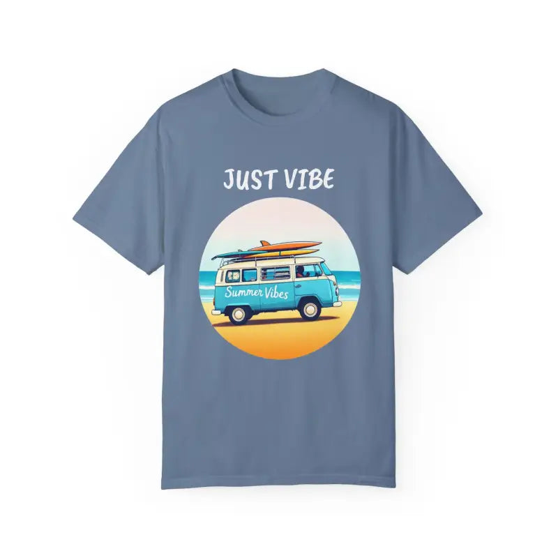 Blue Summer Vibes Unisex Garment Dyed T-Shirt with Beach Van Graphic Design