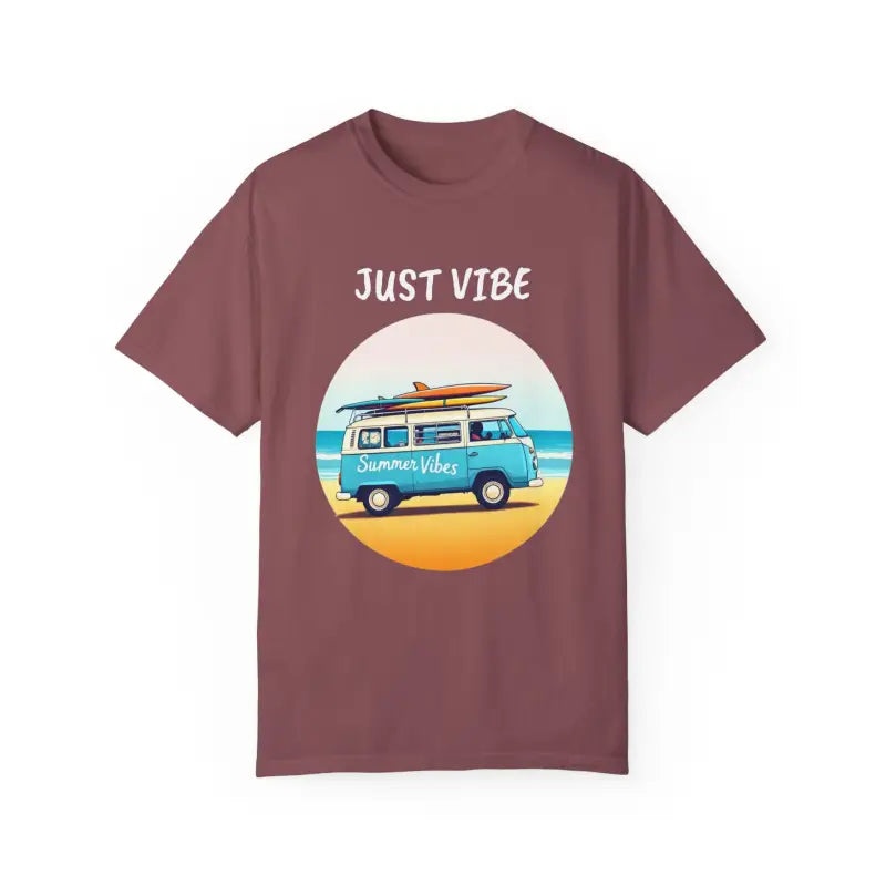 Maroon Summer Vibes T-shirt with beach van graphic for unisex fashion enthusiasts