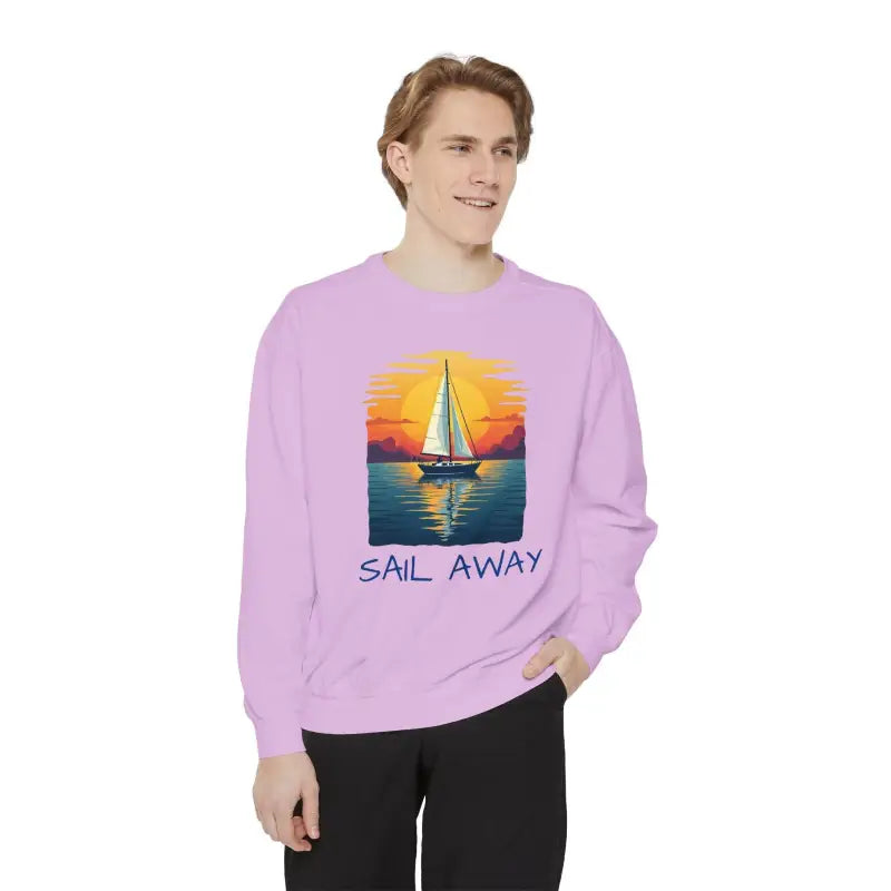 Lavender sweatshirt featuring a sailboat graphic from Sunset Sail Away collection