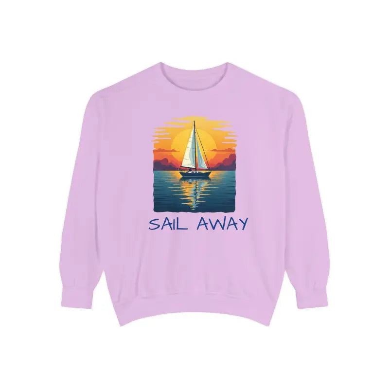 Lilac sweatshirt featuring a sailboat graphic from Sunset Sail Away collection