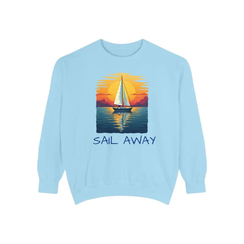 Light blue sweatshirt featuring a sailboat graphic, named Sunset Sail Away Sweatshirt