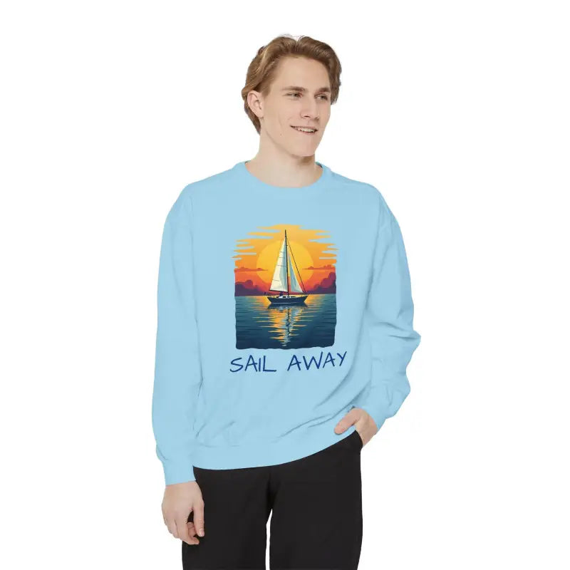 Light blue sweatshirt featuring sailboat graphic from Sunset Sail Away collection