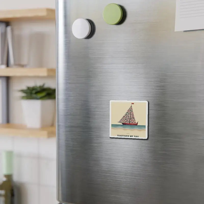 Sailboat magnet featuring Together We Sail custom die cut vinyl design for art enthusiasts