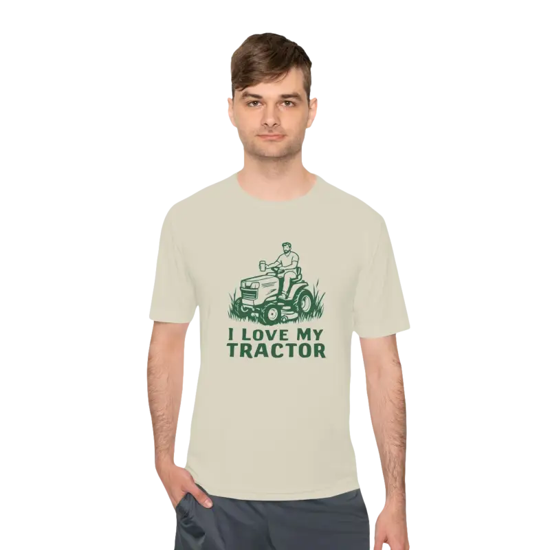 Man’s gray t-shirt featuring a tractor graphic in white and neon green colors