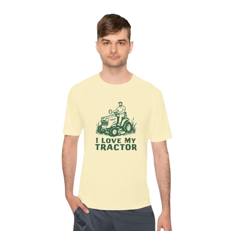Man wearing I Love My Tractor t-shirt from Tractor Graphic T Shirts in Gray White Neon Green