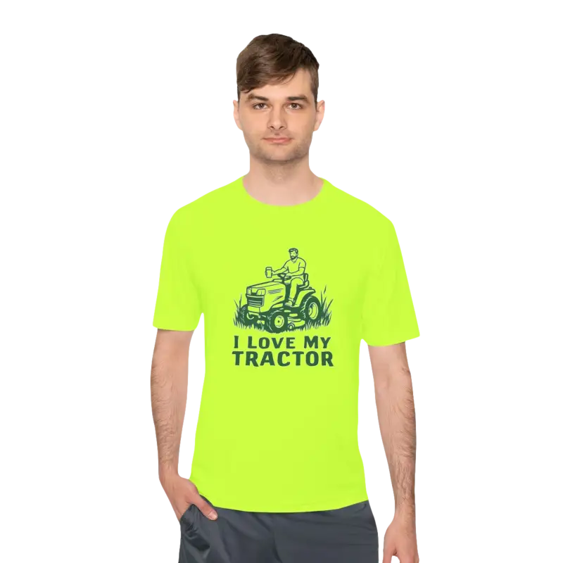 Man wearing neon yellow t-shirt from Tractor Graphic T Shirts collection in Gray and White