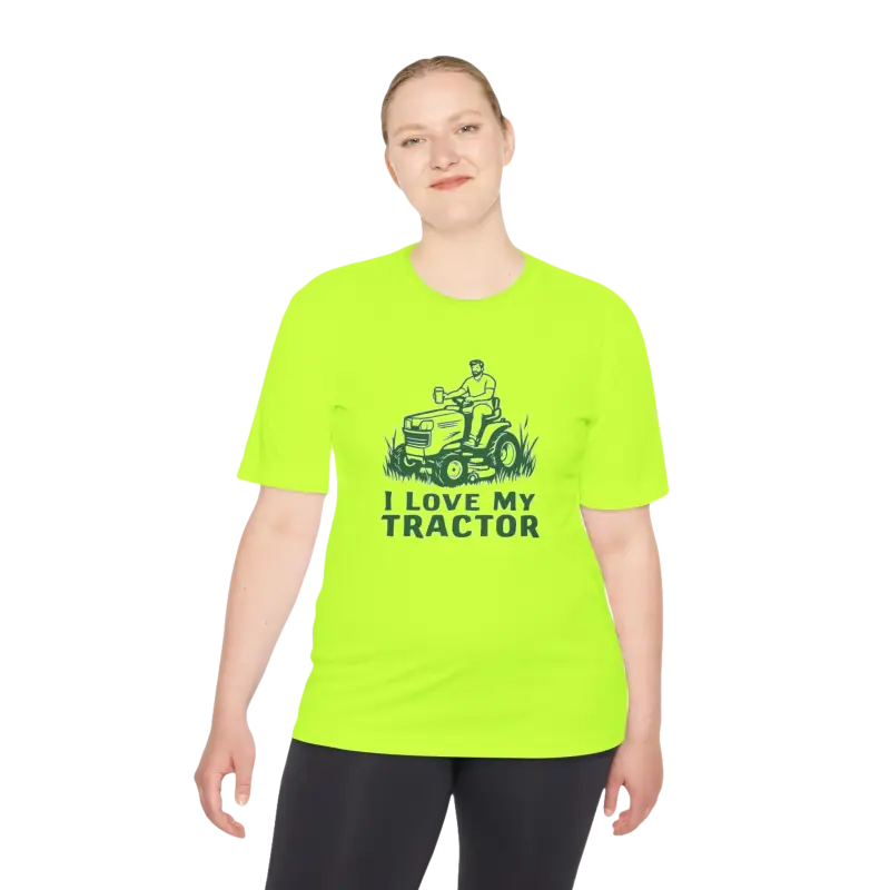Woman modeling a bright yellow t-shirt from Tractor Graphic T Shirts collection