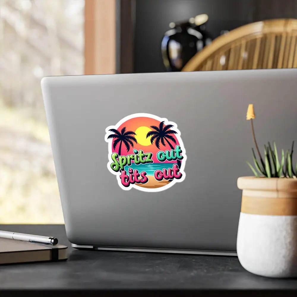 Laptop adorned with Tropical Beach Neon Vinyl Sticker for a vibrant coastal vibe