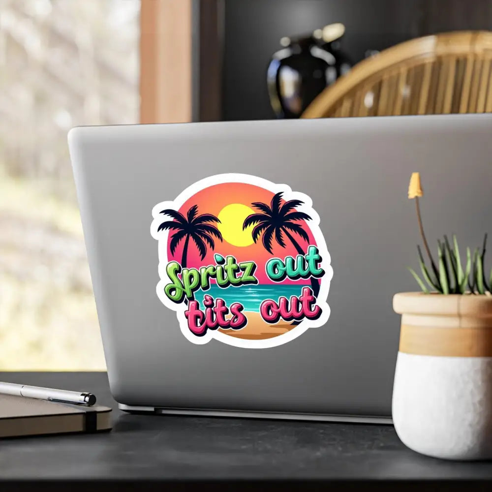 Tropical Beach Neon Vinyl Sticker featuring a vibrant beach scene on a laptop
