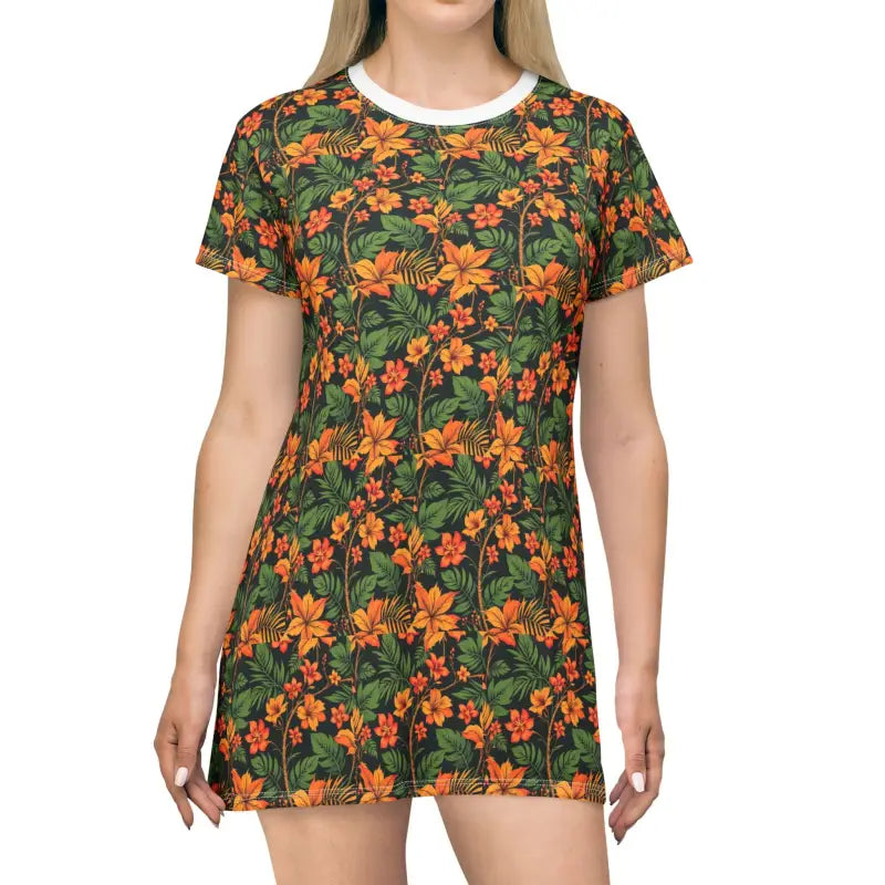 Tropical Floral T-Shirt Dress featuring a vibrant floral print ideal for summer days
