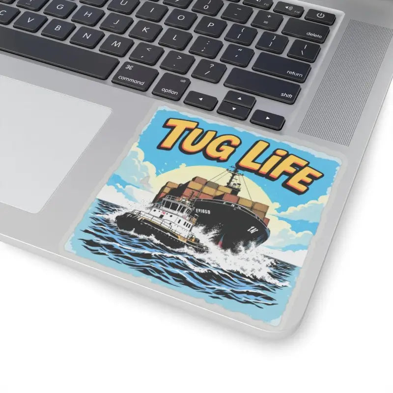 Laptop sticker showcasing a tugboat assisting a container ship design for Tug Life Sticker