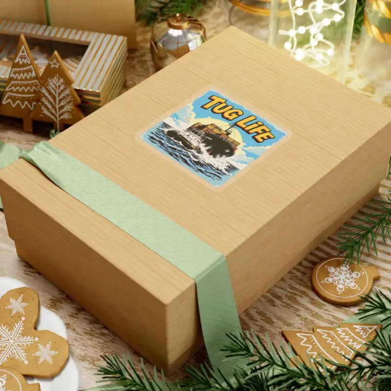 Gift box featuring Tug Life sticker with a tugboat and container ship design