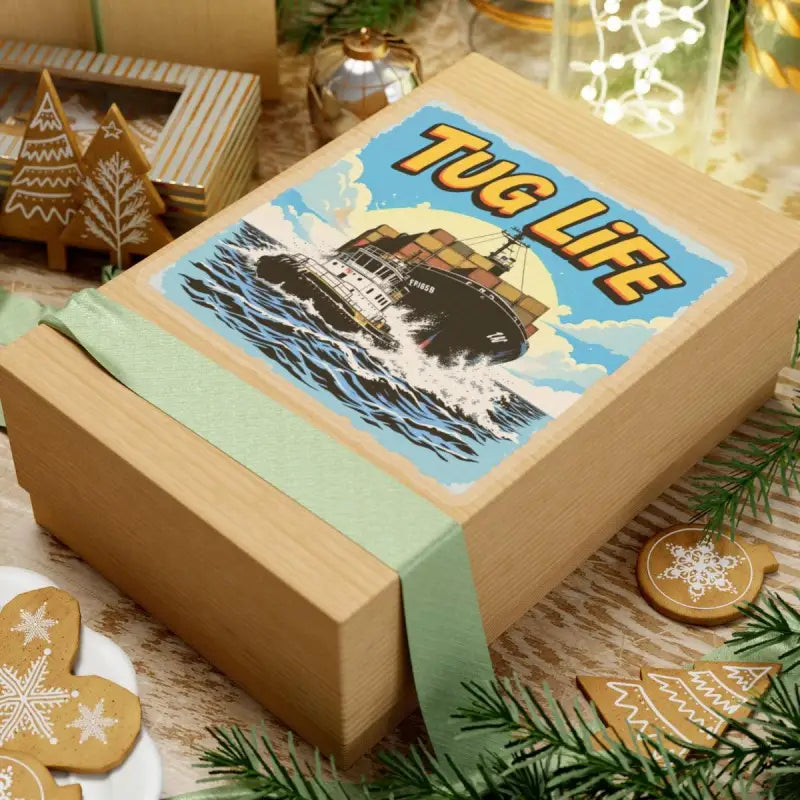 Decorated gift box for Tug Life Sticker featuring Tugboat assisting Container Ship