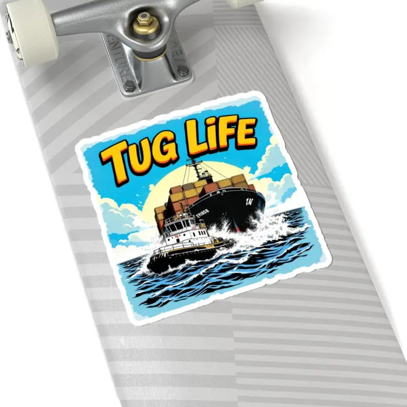 Tug Life sticker featuring a tugboat assisting a container ship in marine operations