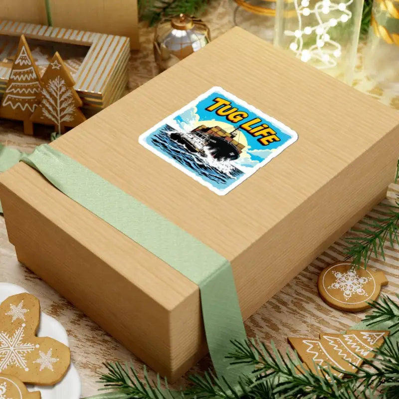 Wrapped gift box for Tug Life Sticker Featuring Tugboat Assisting Container Ship