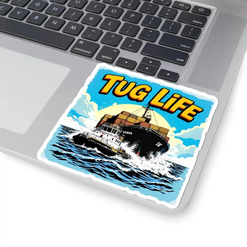 Tug Life Sticker featuring a tugboat assisting a container ship in maritime operations