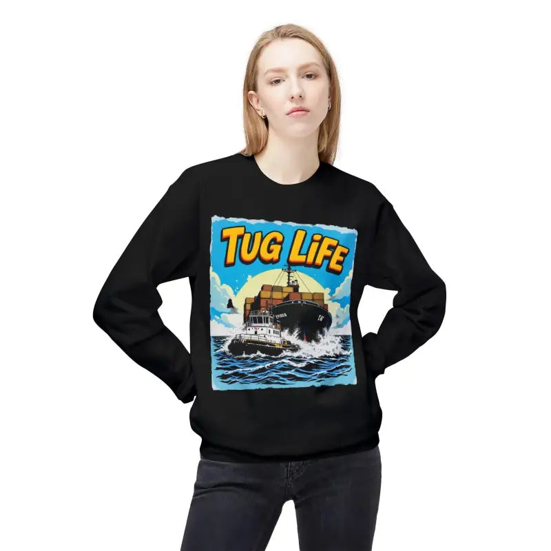 Black unisex midweight fleece crewneck sweatshirt featuring Tug Life graphic design