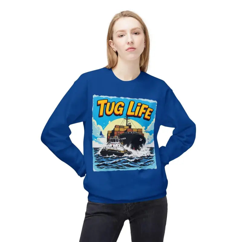 Blue Tug Life sweatshirt on display, featuring a unisex midweight fleece design