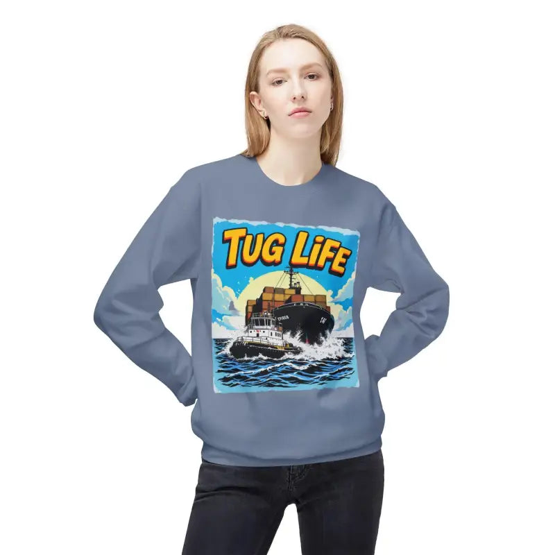 Blue sweatshirt featuring Tug Life graphic from Tug Life Unisex Midweight Fleece Crewneck
