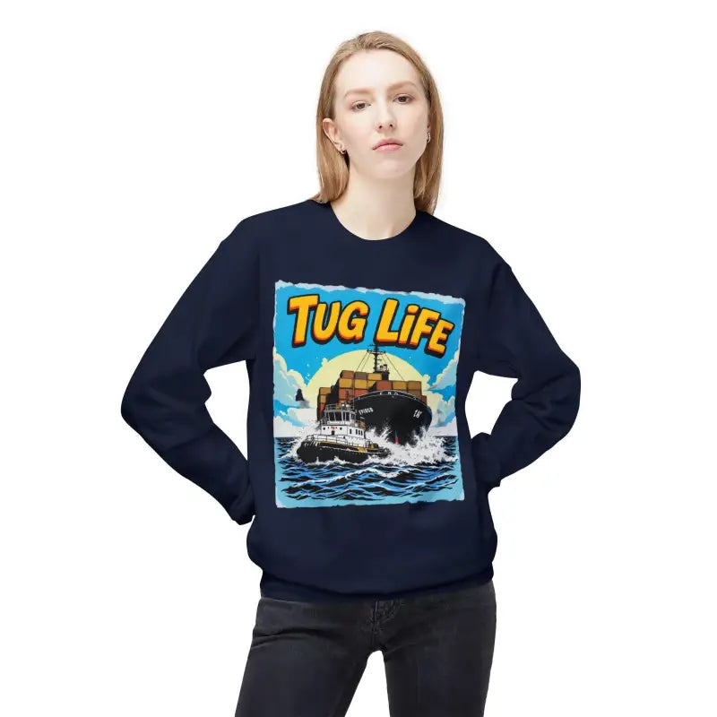 Navy blue Tug Life Unisex Midweight Fleece Crewneck Sweatshirt displayed on a model