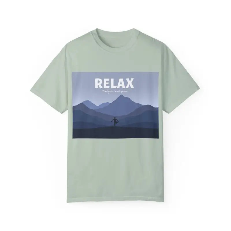 Turquoise Mountain Scene Relax T Shirt showcasing a serene outdoor design for relaxation