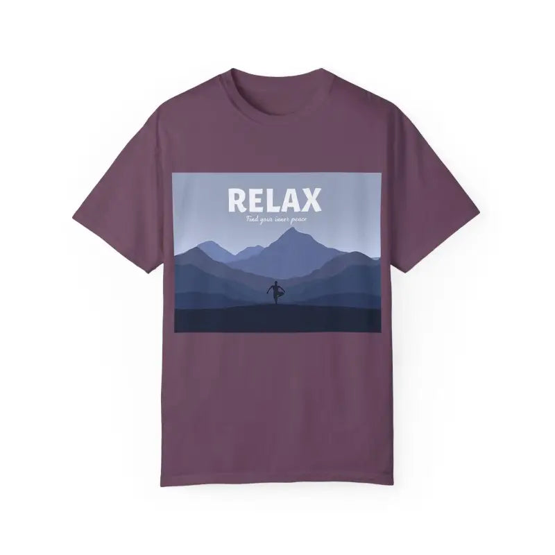 Maroon T-shirt featuring a mountain graphic from the Turquoise Mountain Scene collection