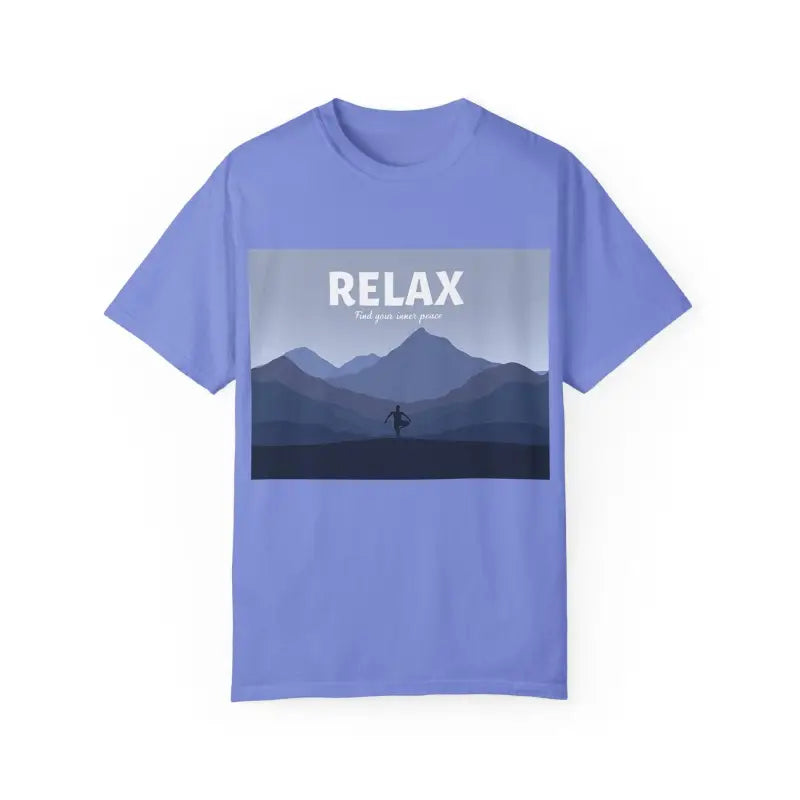 Periwinkle t-shirt featuring a mountain graphic from the Turquoise Mountain Scene collection